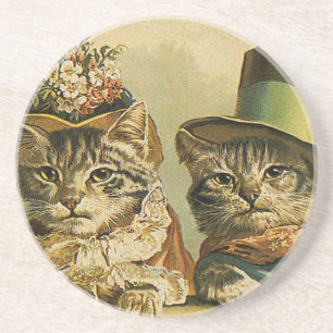Vintage Humor, Viktorian Bride Groom Cats in Hats Underlägg Sandsten