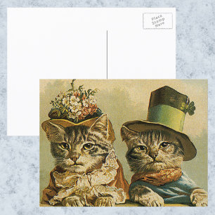Vintage Humor, Viktorian Bride Groom Cats in Hats Vykort