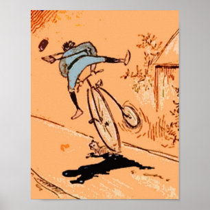 Vintage Humous Man Bicycle Ride Fall Cat Orange Poster