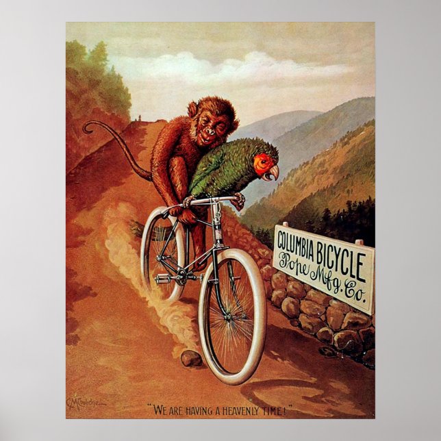 Vintage Humous Monkey Parrot Bicycle Ride Poster (Framsidan)