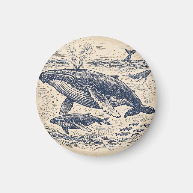 Vintage Humpback Whale Pod Engraving Magnet (Framsidan)