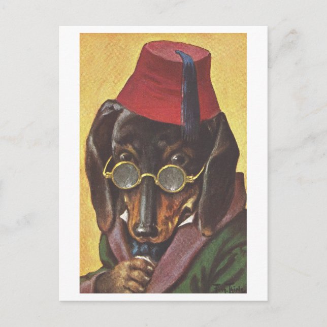 Vintage Hund med glasögon och fez Vykort (Framsida)