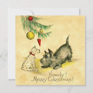 Vintage hund under Julgran Julkort