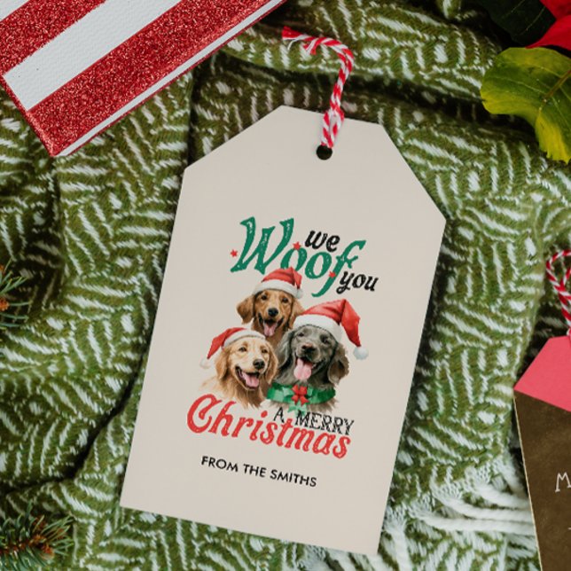 VINTAGE HUND WOOF GOD JUL LABRADOR PRESENTETIKETT (THREE LABRADORS GOLDEN RETRIEVER SANTA HAT WOOF MERRY CHRISTMAS DOG-INSPIRED GIFT TAG PUPPY FURBABY)