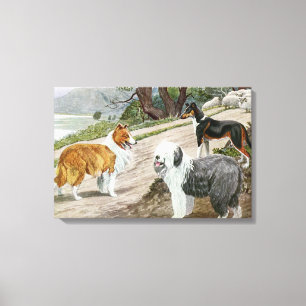 Vintage Hundälskares Art Collie Trio Canvastryck