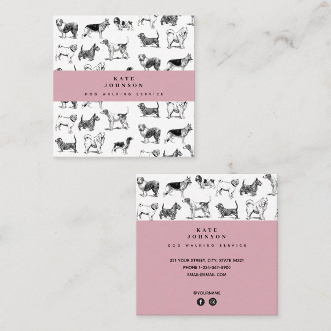 Vintage Hundar Dog Walker Grooming Fyrkantigt Visitkort (Fram/baksida)