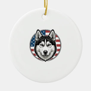 Vintage Husky Patriotisk Hund Vektor Tröja Design_ Julgransprydnad Keramik