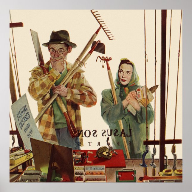 Vintage-hustru och -make med trädgårdsredskap poster (Framsidan)