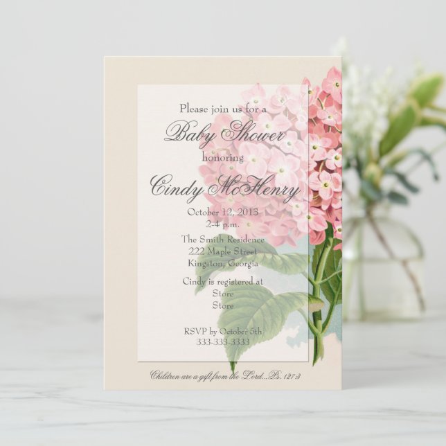 Vintage Hydrangea Baby Shower-inbjudan Inbjudningar (Stående Fram)