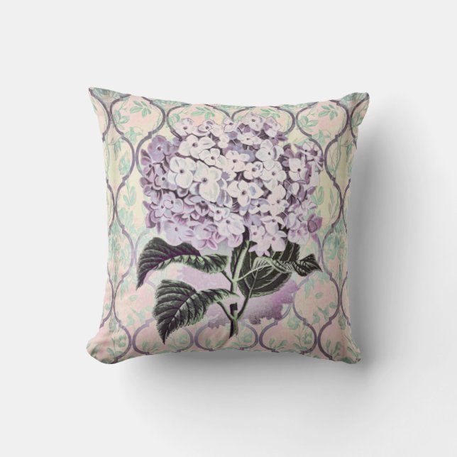 Vintage Hydrangea blomma med Rulla Bakgrund Kudde (Framsida)