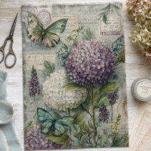 Vintage Hydrangea Fjäril Trädgårdsdecoupage