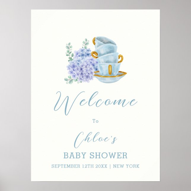 Vintage Hydrangea Tea Brewing Baby Shower Välkomme Poster (Framsidan)