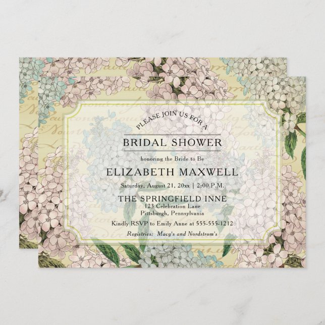 Vintage Hydrangeas | Fransk Ephemera-Möhippa Inbjudningar (Fram/baksida)