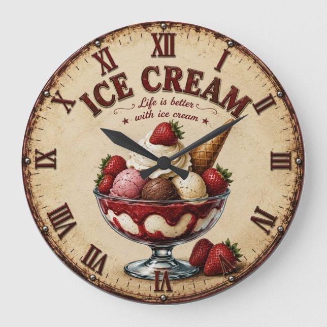 Vintage Ice Cream Sundae Stor Klocka (Framsida)
