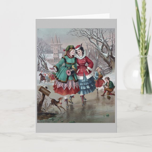 Vintage - Ice Skating på en damm. Kort (Framsida)