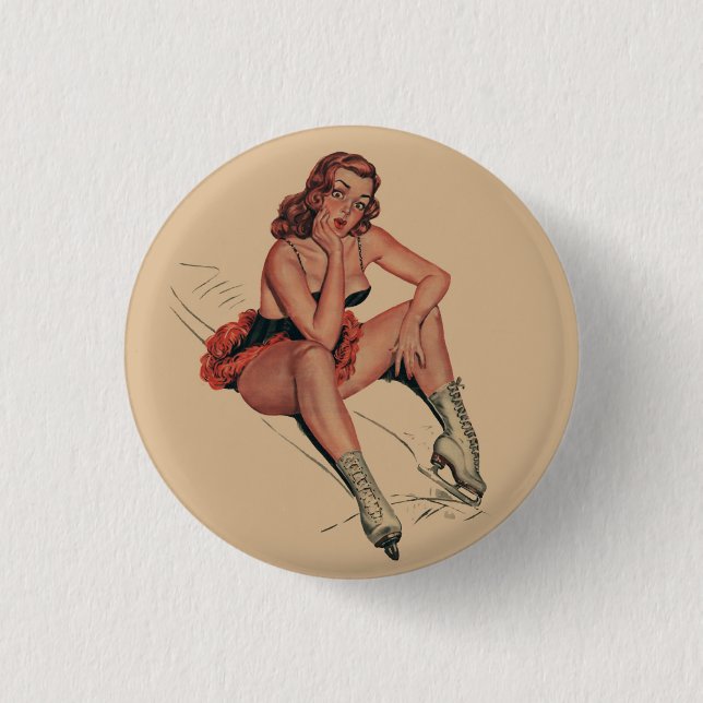 Vintage Ice Skating pin up girl Button Knapp (Framsida)