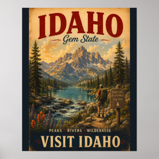 Vintage Idaho-resemärke med lugn vildmark Poster