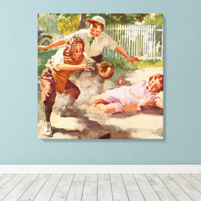 Vintage Idrottar, barn spelar Stickball Baseball Canvastryck (Insitu (trägolv))