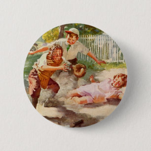 Vintage Idrottar, barn spelar Stickball Baseball Knapp
