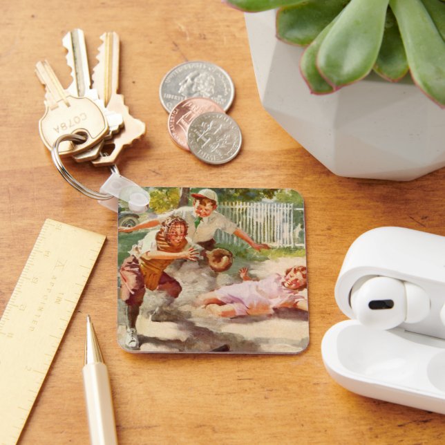 Vintage Idrottar, barn spelar Stickball Baseball Nyckelring (Skrivbord)