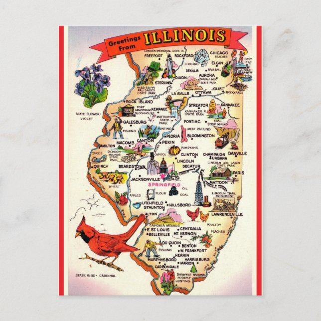 Vintage Illinois Karta Vykort (Framsida)