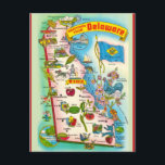 Vintage Illustrated Karta i Delaware Vykort<br><div class="desc">Färgfull,  fullt av illustrationer,  ett gammalt vykort karta som visar riktmärken i delstaten Delaware.</div>