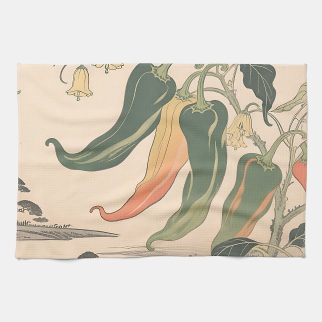 Vintage Illustration av Chilipeppar Kökshandduk (Horisontell)