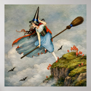 Vintage-illustration av flygande häxa Cottagecor Poster