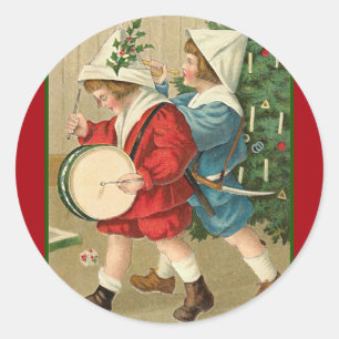 Vintage Illustration av julmorgon Runt Klistermärke