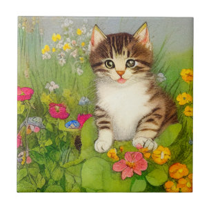 Vintage illustration av leende katt kakelplatta