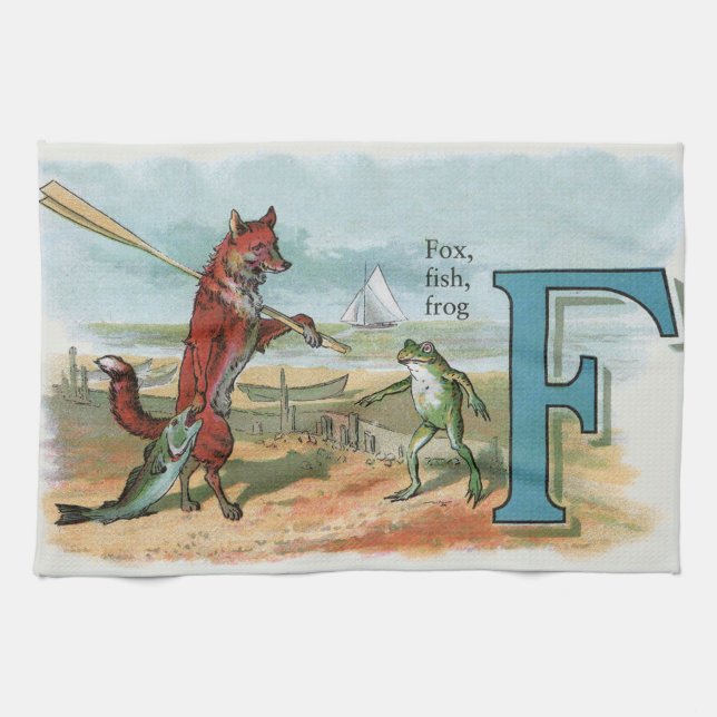 Vintage illustration av räv och groda på strand me kökshandduk (Horisontell)