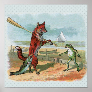 Vintage illustration av räv och groda på strand me poster