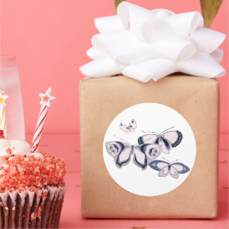 vintage illustration , blå fjärilar runt klistermärke