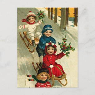 Vintage Illustration Children Sleding in Winter Vykort