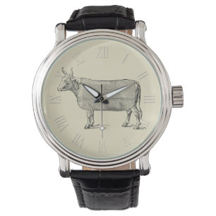 VINTAGE ILLUSTRATION Cow filt Roman Numerals Armbandsur