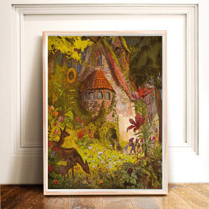 Vintage Illustration Deep Forest Mystical Castle Poster