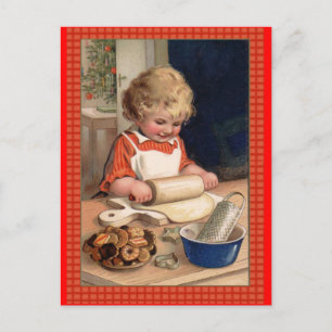 Vintage Illustration Girl Baking jul Cookies Helg Vykort