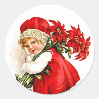 Vintage Illustration Girl Carrying Poinsettias Runt Klistermärke