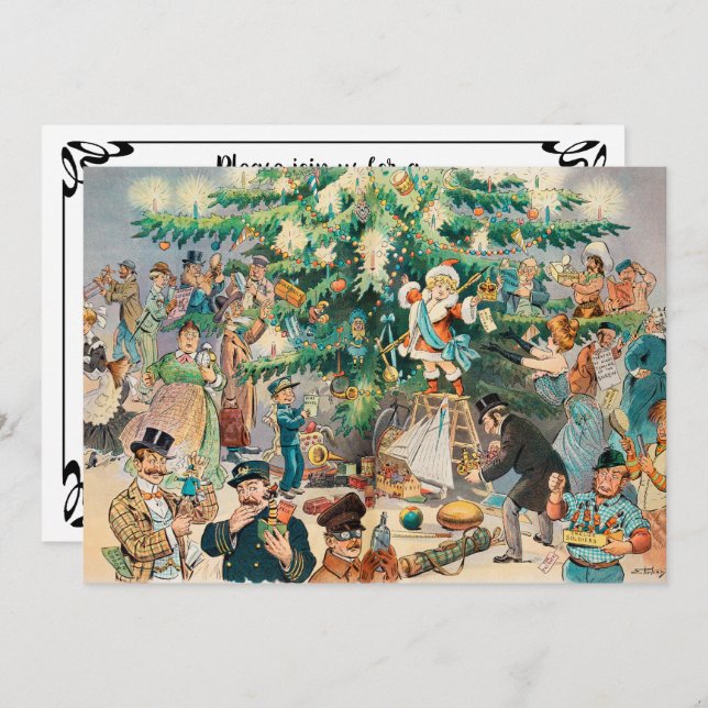 Vintage Illustration Pucks Julgran, 1902 Inbjudningar (Fram/baksida)