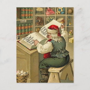 Vintage Illustration Santa med Bok V2 Helg Vykort