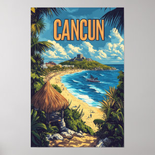 Vintage Illustration Travel i Vacker Cancun Mexico Poster