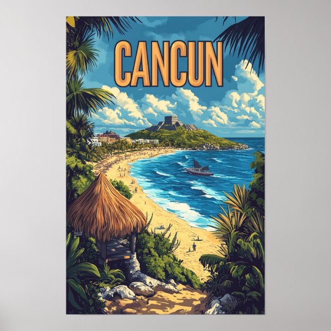 Vintage Illustration Travel i Vacker Cancun Mexico Poster (Framsidan)