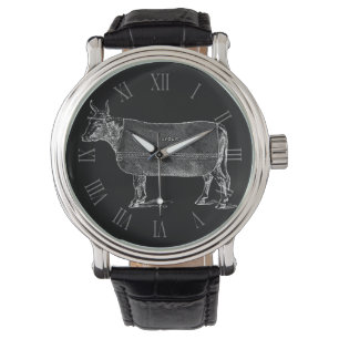 VINTAGE ILLUSTRATION W Cow filte Roman Numerals Armbandsur