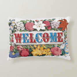 Vintage Illustration WELCOME with Flowers Prydnadskudde