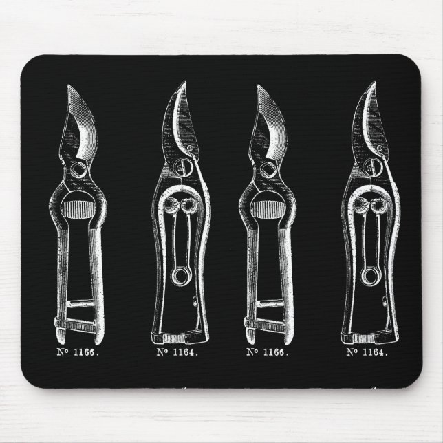 VINTAGE ILLUSTRATION white Pruners Black Mousepad Musmatta (Framsidan)