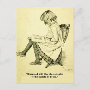 Vintage illustrationsflicka som läser bok roligt-b vykort