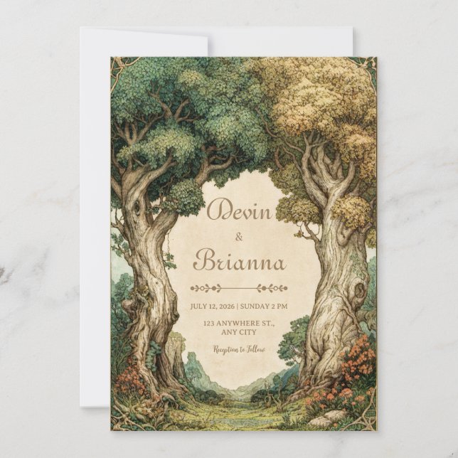 Vintage Illustrative Woodland Archway Wedding Inbjudningar (Framsida)