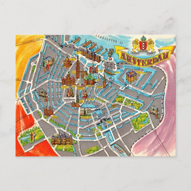 Vintage illustrerad Amsterdam-karta Vykort (Framsida)