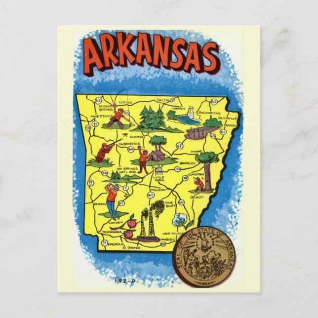 Vintage illustrerad Arkansas karta vykort (Framsida)