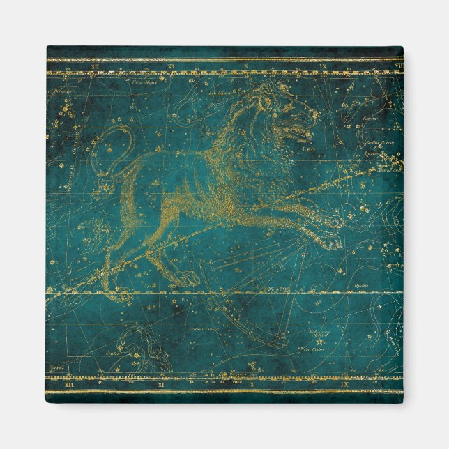 Vintage Illustrerad Grönt & Guld Lejon Star Karta Magnet (Framsidan)